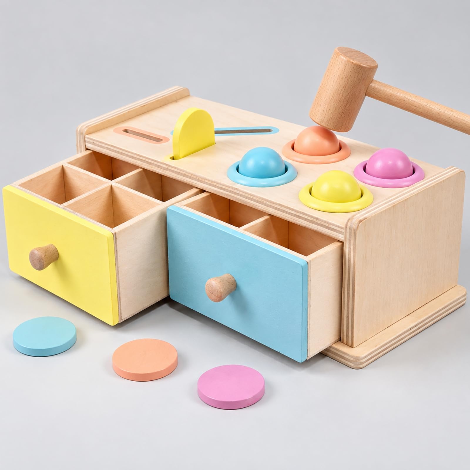 Scatola di attività di Ordinamento dei Colori e Martellamento Compatto Scatottività con Cassetti e Martello in Legno Ideale Regalo per Casa