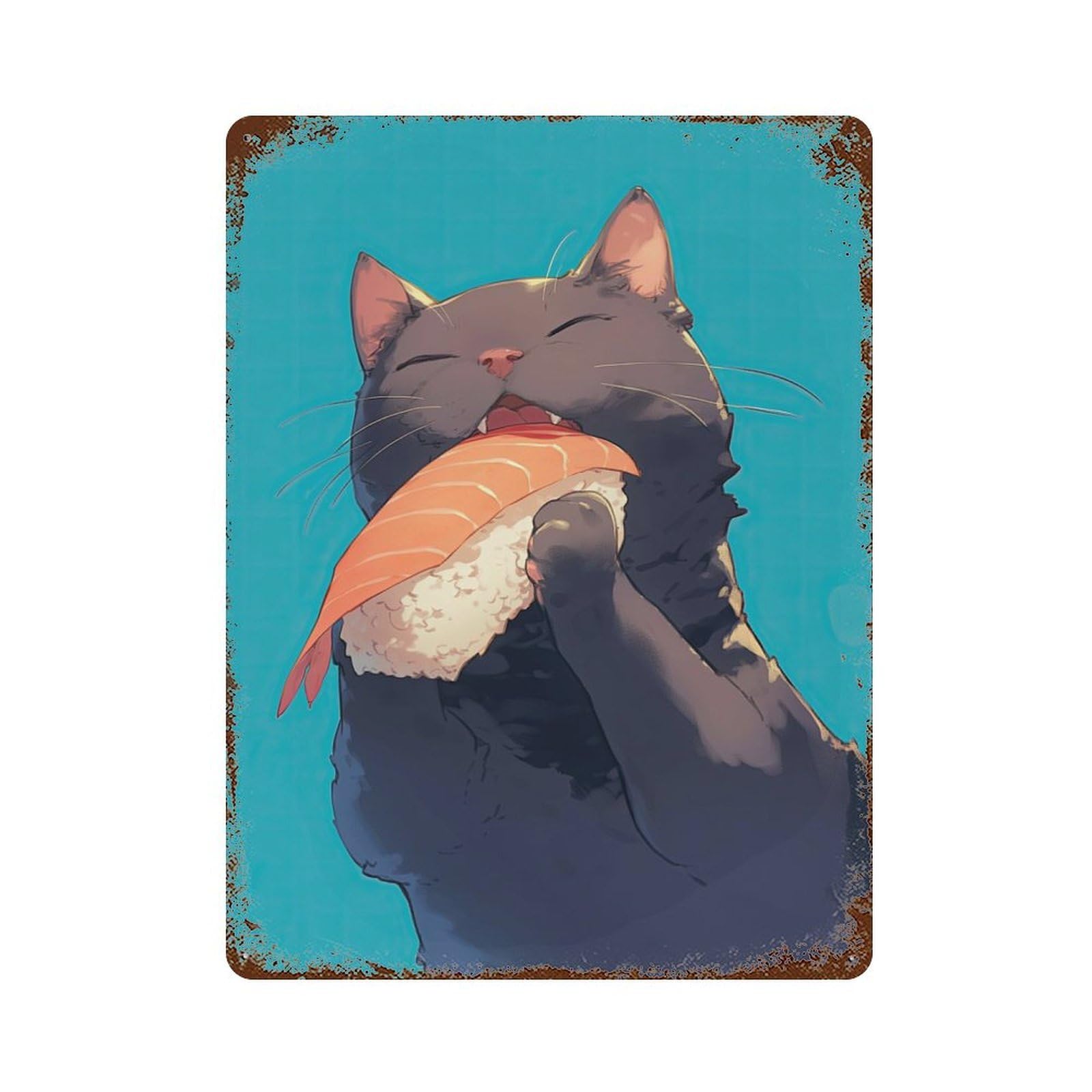 Distressed Metal Wall Sign Kawaii Cat Eating Sashimi 15.7"x11.8", Retro Wall Decor for Basement, Hobby Room And Garage Decor