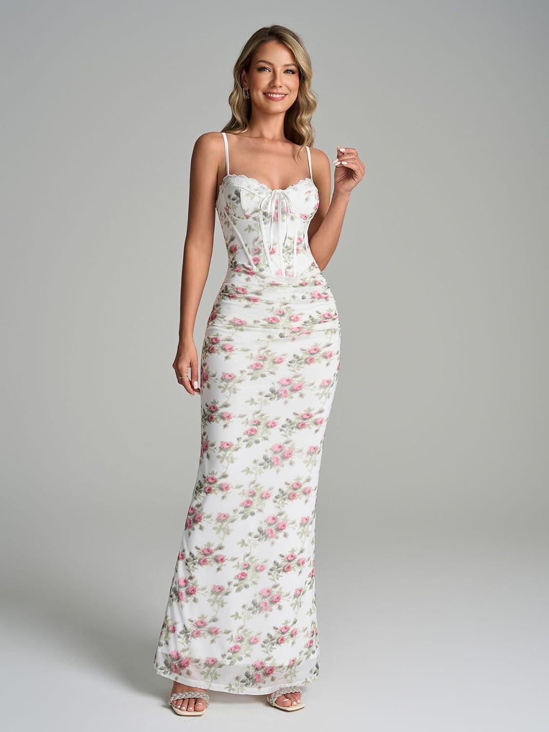 KUTUMAI Vintage Lace Corset Floral Maxi Long Dress Bodycon Ruched Tie Formal Wedding Guest Dresses for Women Elegant - Image 5