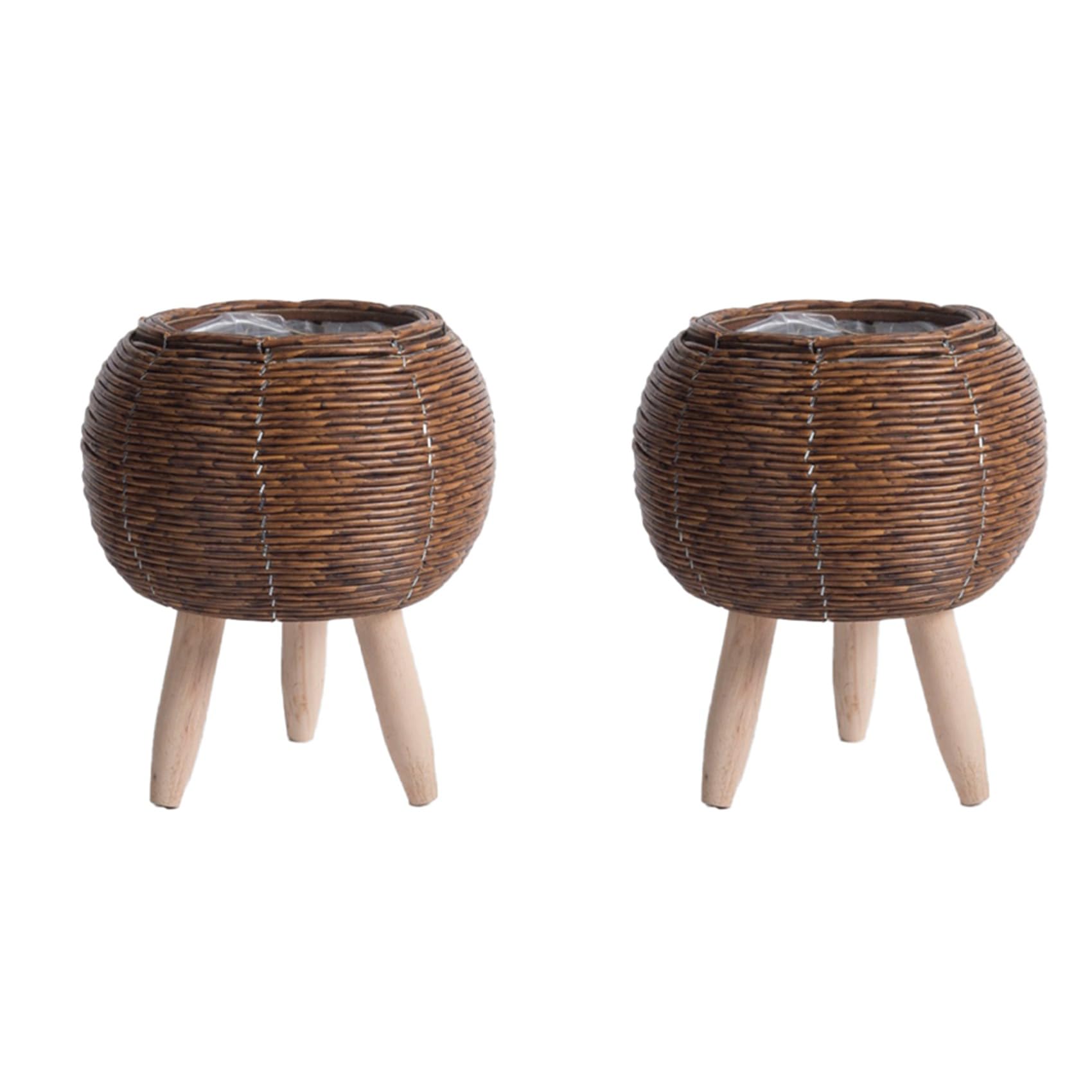 Vjsujehgy 2X Vintage Imitation Rattan Woven Flower Shelf Handmade Storage Basket with Wooden Legs Plant Pot Stand,B
