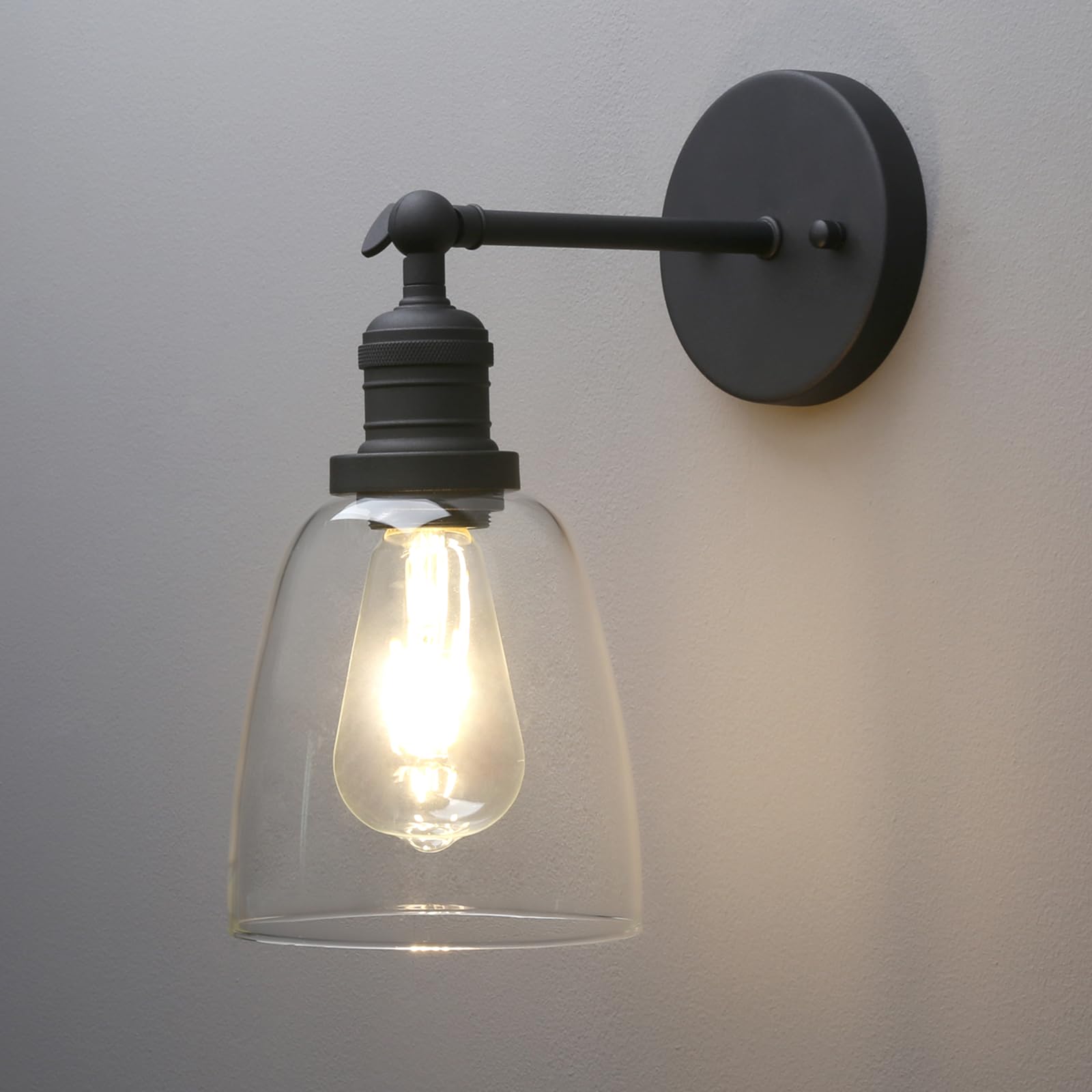 Phansthy Black Industrial Retro Style Wall Lights Bell Shaped Clear Glass Shade Vintage Wall Sconces E27 Bulbs Indoor Light Loft Bar Kitchen Lamp Bedroom Vanity Mirror Lighting (Black)