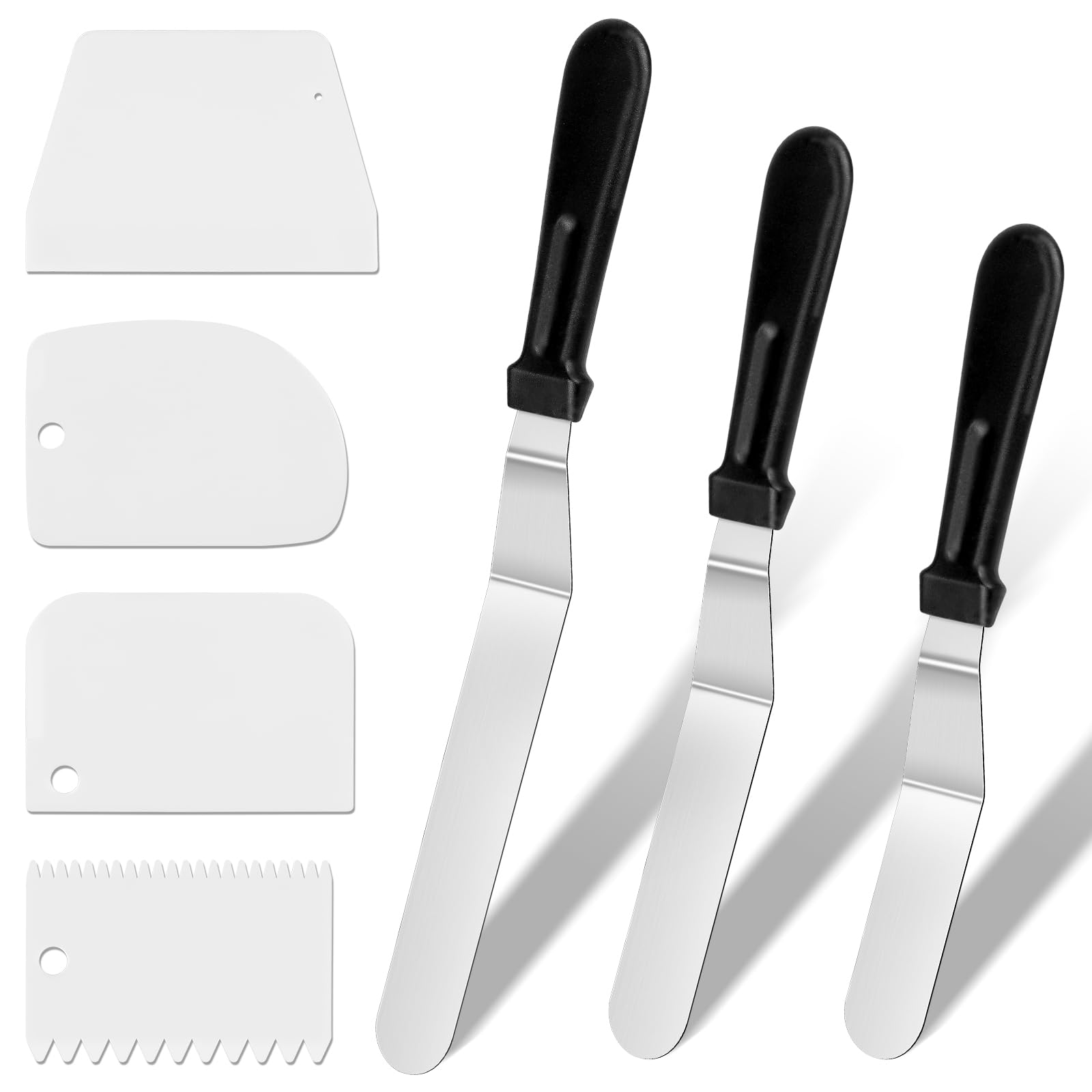 Zuckergussspatel, 3 Stück Streichpalette Set Edelstahl-Kuchenspatel Abgewinkelte Zuckergussspatel mit 6 Zoll, 8 Zoll, 10 Zoll Edelstahlklingen und 4 Stück Kuchenglätter-Schaber für Kuchendekoration