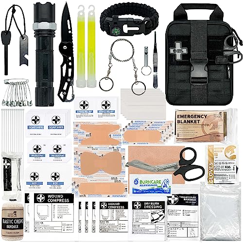 RHINO RESCUE Pequeño Botiquín de Primeros Auxilios con Herramienta de Supervivencia, Bolsa de Emergencia para Coche, Camping, Mochilero, Senderismo, Caza - Negro