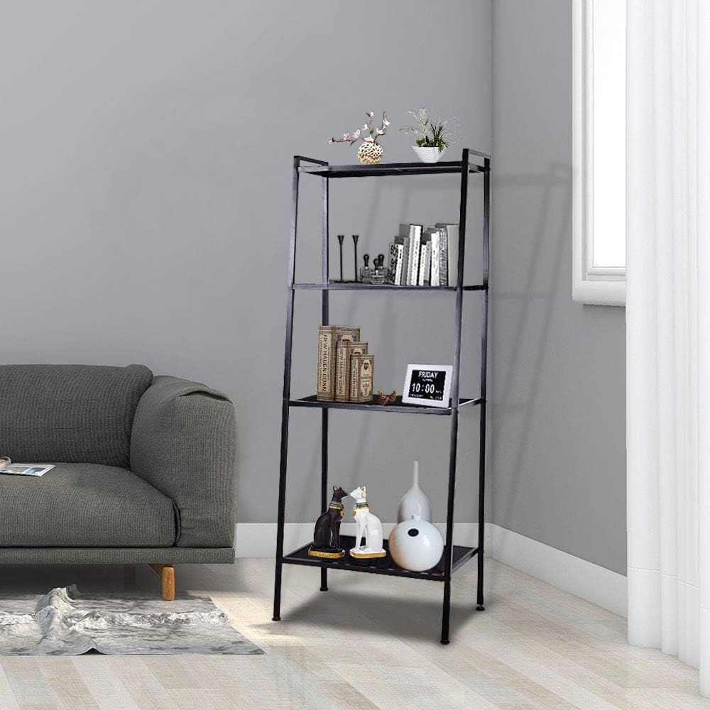 Yescom 4 Tier Metal Ladder Shelf Bookshelf Bookcase Leaning Storage Rack A Frame Corner Display Plant Vertical Black