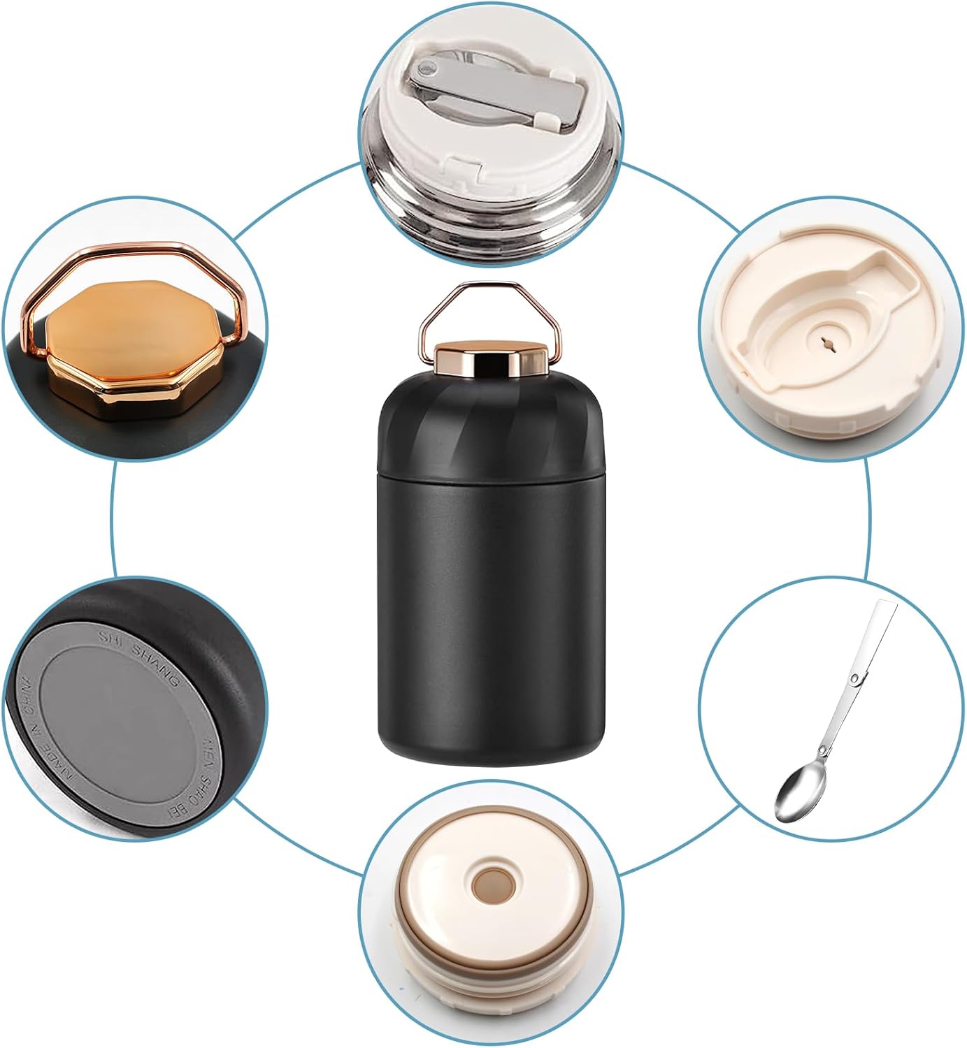 Food Flask,600ml (20 oz) Food Flask Container,Stainless Steel Double Walled Soup Flask Leak Proof Food Jar Soup Containers with Foldable Spoon for Hot and Cold Meals Double Walled Soup Flask(Black)