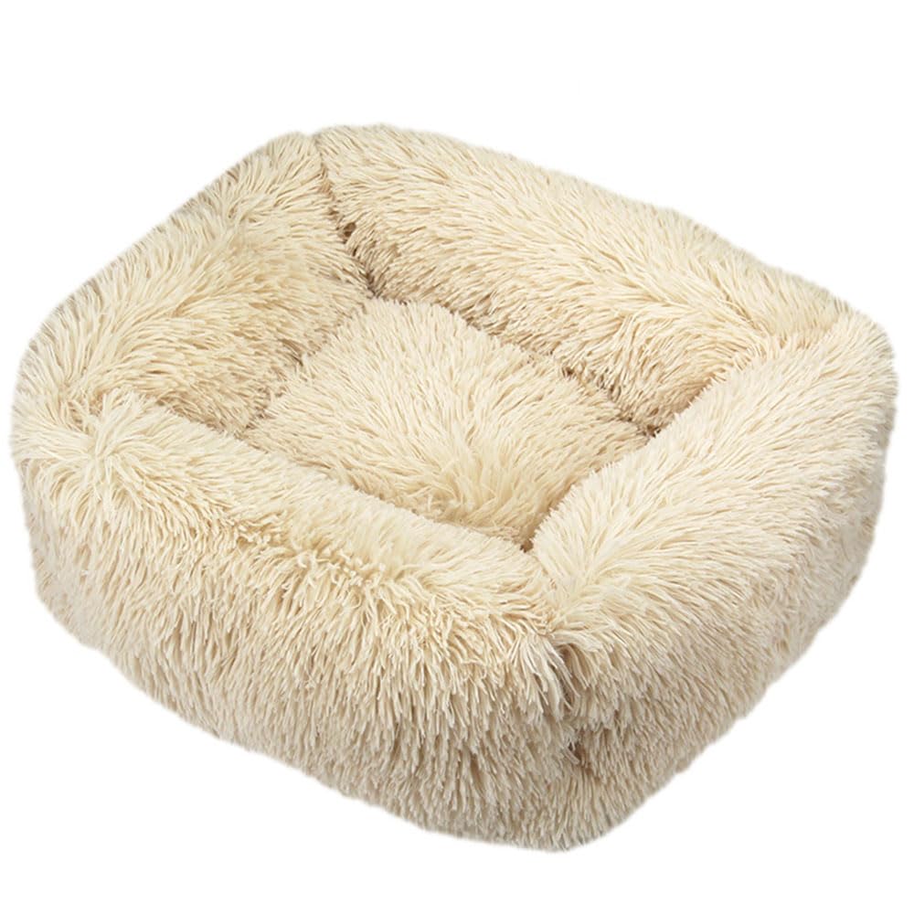 Hiseng Soft Fluffy Dog Bed, Simple Solid Color Self-Warming Cat Bed Washable Square Dog Beds Medium, Plush Anti-Slip Bottom Donut Cat Beds for Indoor Cats (S 55x45cm,Beige)