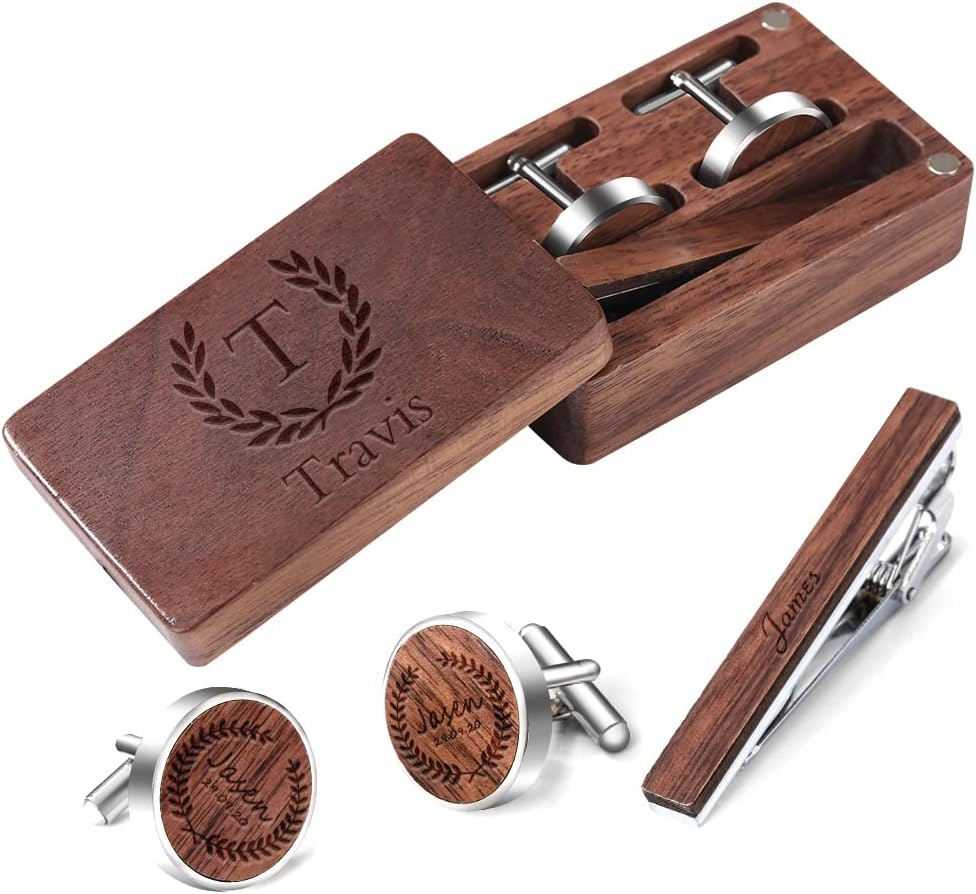 Personalized engraved wooden tie clip and cufflinks set for mens …
