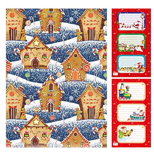 ARKRAFT papier cadeau de Noël 100 x 70 cm 5 feuilles XXL + 6 autocollants pour étiquettes (18-9057)