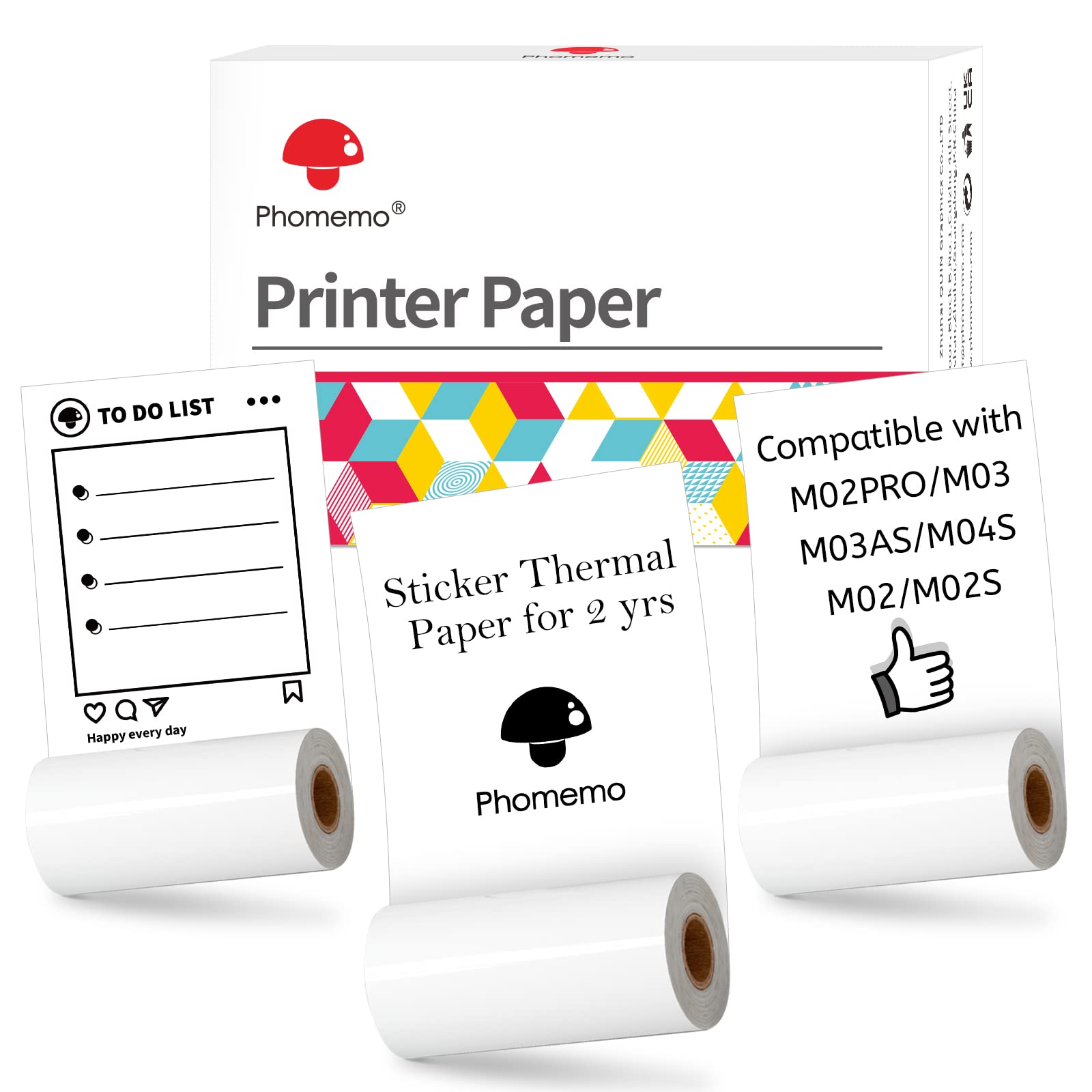 Memoqueen Printer Paper White Self-Adhesive Thermal Labels, for Phomemo M02/M02S/M04S/M04AS Pocket Bluetooth Thermal Printer, M832 M833 M834 Portable Printer, 50mm x 3.5m, 3 Rolls
