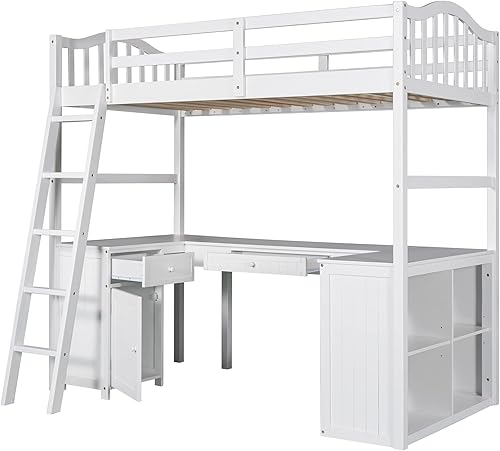 Miniatura 4 de EMKK Cama tipo loft de madera de tamaño individual con cajones armario estantes escritorio estantería marco de cama multifuncional con escalera y