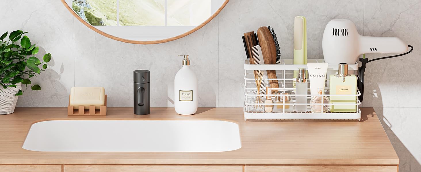 VITVITI Metal Hair Tool Organizer Wall Mounted, Hair Dryer Holder Basket Storage, Bathroom Sink Organizer Countertop for Vanity Makeup Brush/Hair Straightener/Styling Tools, White, Stand