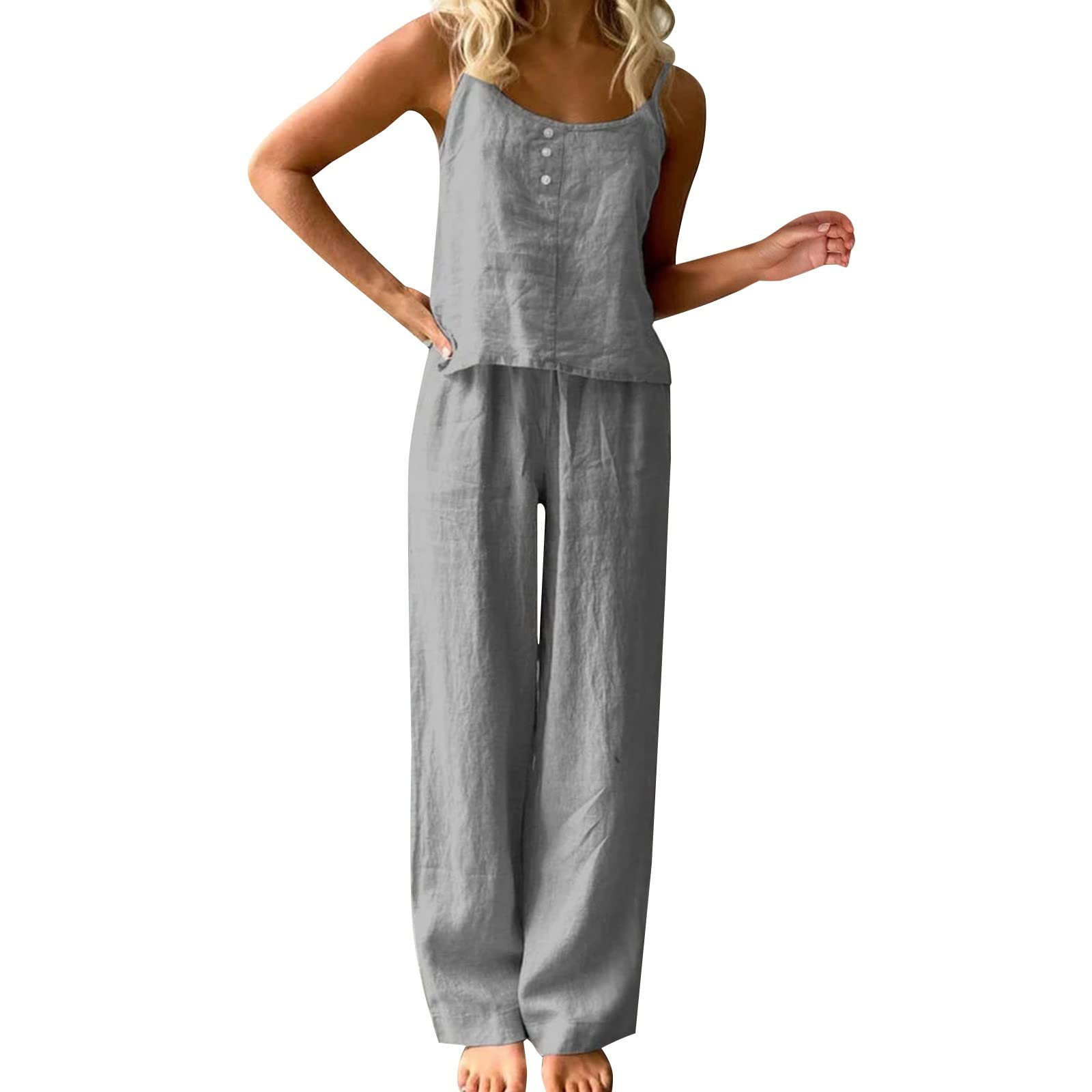 Generic Pantalones Mujer Pantalones Deportivos Pantalones Largos Harem Mujeres Verano Color Sólido Pijamas Finos Sin Mangas Conjunto de Pantalones Sueltos Moda Algodón Y Lino Ropa para el Hogar Mujeres