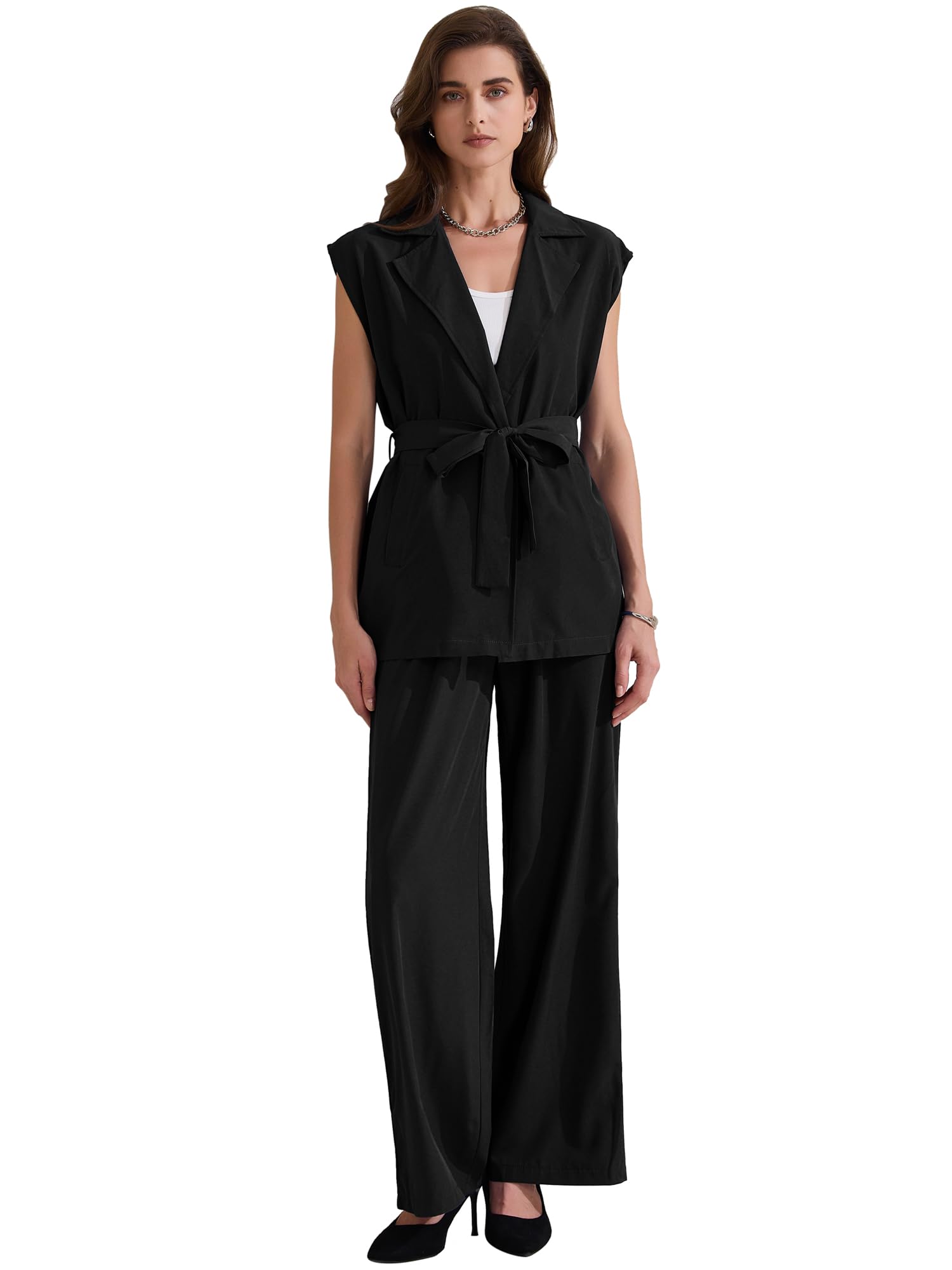Allegra K Womens 2 Piece Pant Suit Set Sleeveless Long Vest and Wide Leg Pants Business Casual Blazer