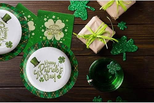 Miniatura 6 de Gatherfun Suministros para fiesta del día de San Patricio, platos de papel desechables, servilletas, vasos, mantel y pancarta para decoraciones de