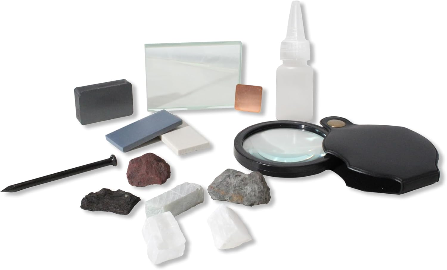 Mineral ID Kit - 13 Pieces - Includes Dropper Bottle, Streak Plate, Glass Plate, Magnet, Nail, Copper Sheet, Retractable Hand Lens, Rock and Mineral Geology Kit