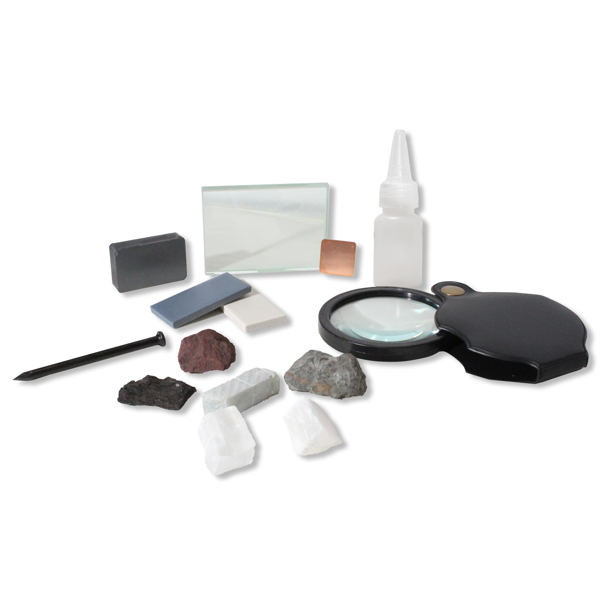 GeLaozee Mineral ID Kit - 13 Pieces - Includes Dropper Bottle, Streak Plate, Glass Plate, Magnet, Nail, Copper Sheet, Retractable Hand Lens, Rock and Mineral Geology Kit