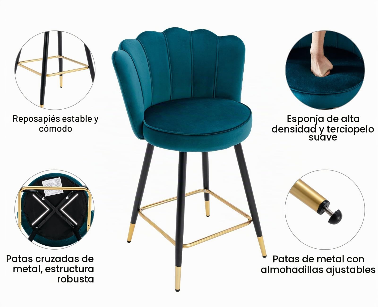 chairus 2PCS Taburetes Bar de Terciopelo con Respaldo Floral, Turquesa | Patas Metálicas, con Reposapiés, Elegante, Taburetes Altos