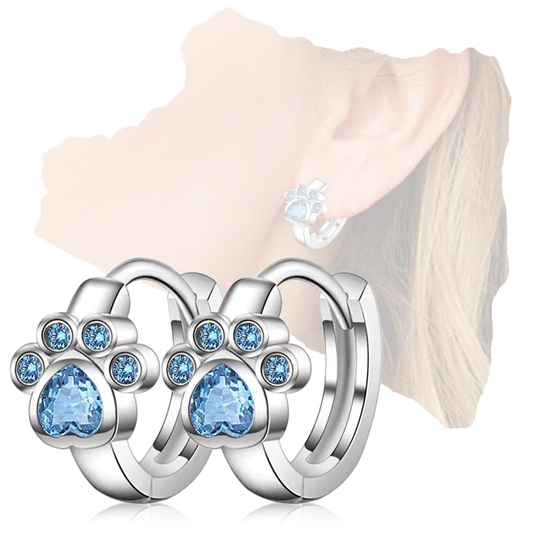 Aretes de pata de gatos con diseño huella Cristal Circonita, Joyería Elegante para niña, Azul Brillante