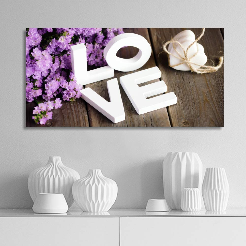 Quadri L&C ITALIA Provenzale Love - Quadro Shabby Chic con Scritta e Fiori Lavanada 90 x 45 Stampa su Tela Canvas da Parete per Soggiorno Moderno Cucina Camera Ragazza