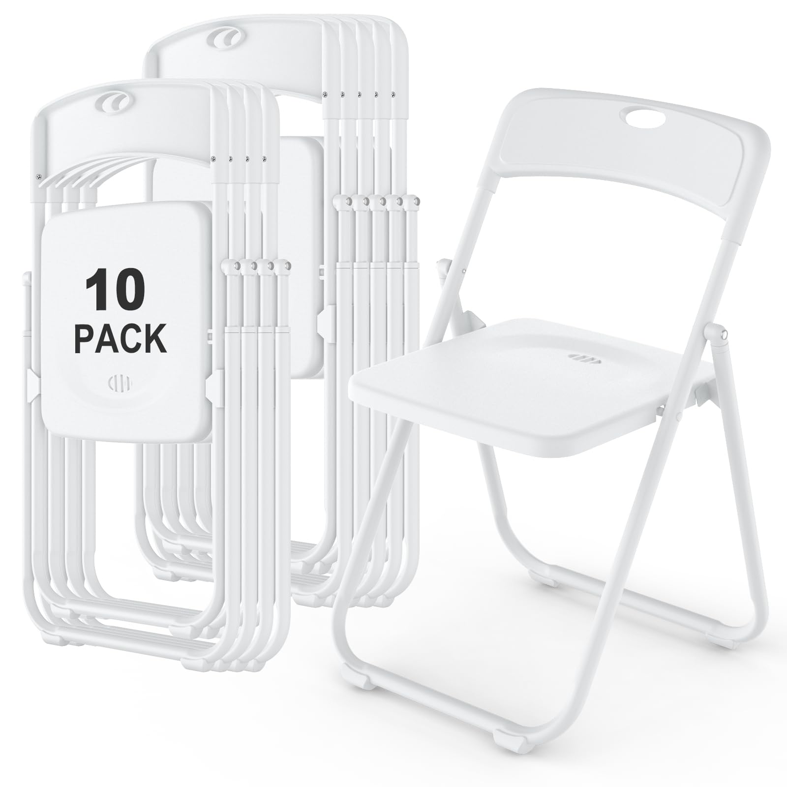 10 Pack White Plastic Folding Chairs, Indoor Outdoor Heavy-Duty Stackable Seats with Steel Frame, 350 lbs Capacity Portable Commercial Foldable Chairs for Party Events Wedding Dining Picnic Office