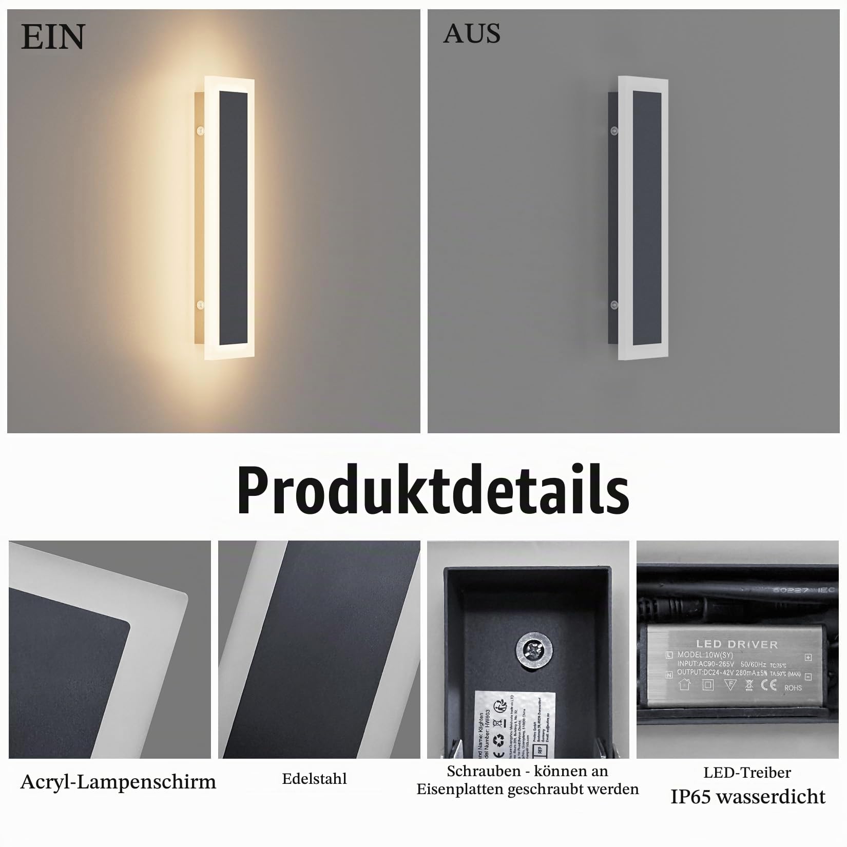 Klighten 2 Stück LED Außenwandleuchte, Anthrazit Wandleuchten Außen/Innen, Moderne Außenleuchte, IP65 Außenlampe, Aussenleuchte Edelstahl Acryl, Wandlampe für Gärten/Terasse, Warmweiß 3000K, 30CM/10W