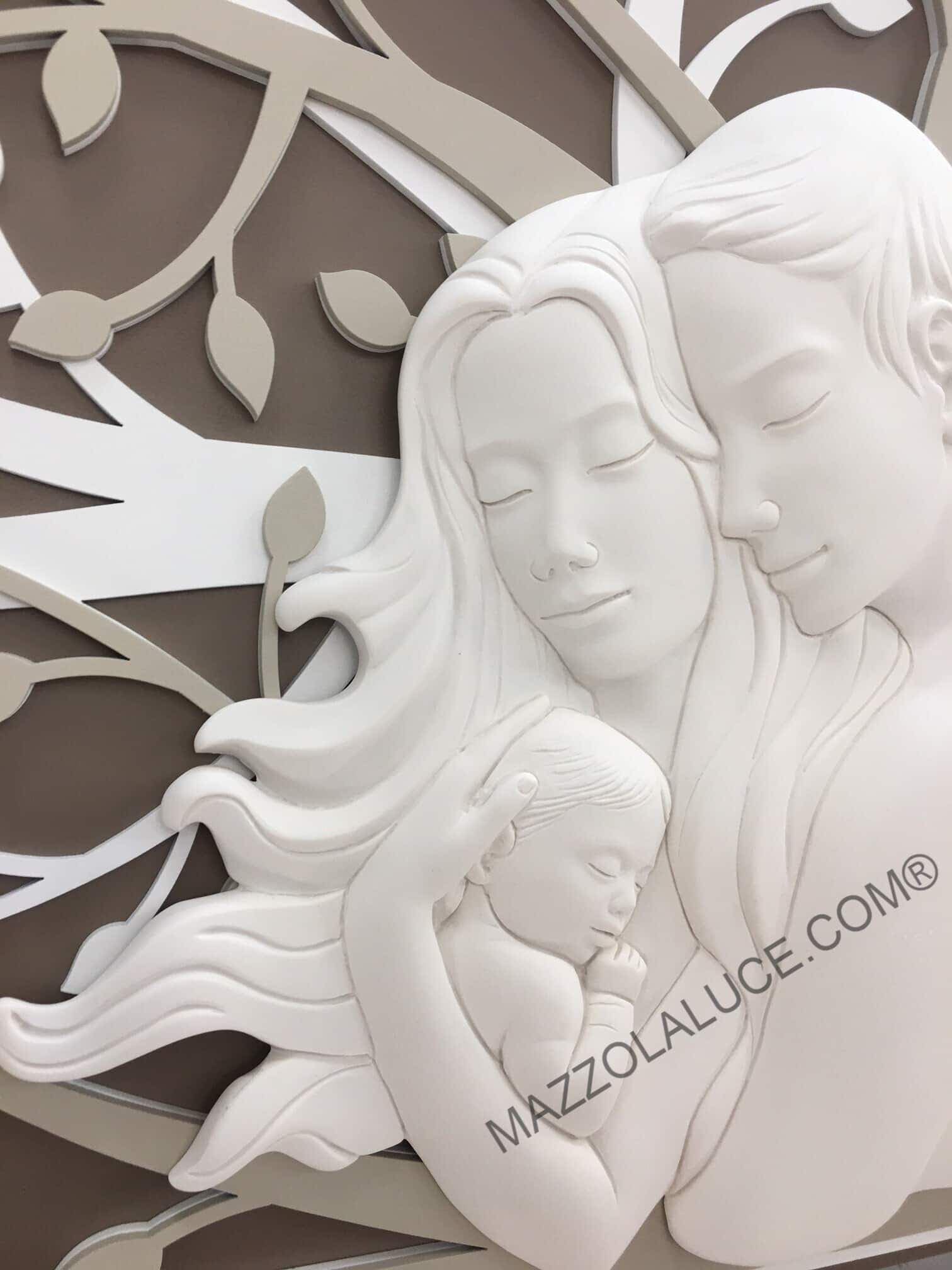 MAZZOLA LUCE Quadro Capezzale Moderno Sacra Famiglia Con Albero Della Vita - 105x72 Cm, Made In Italy, Scultura In Marmorino E MDF