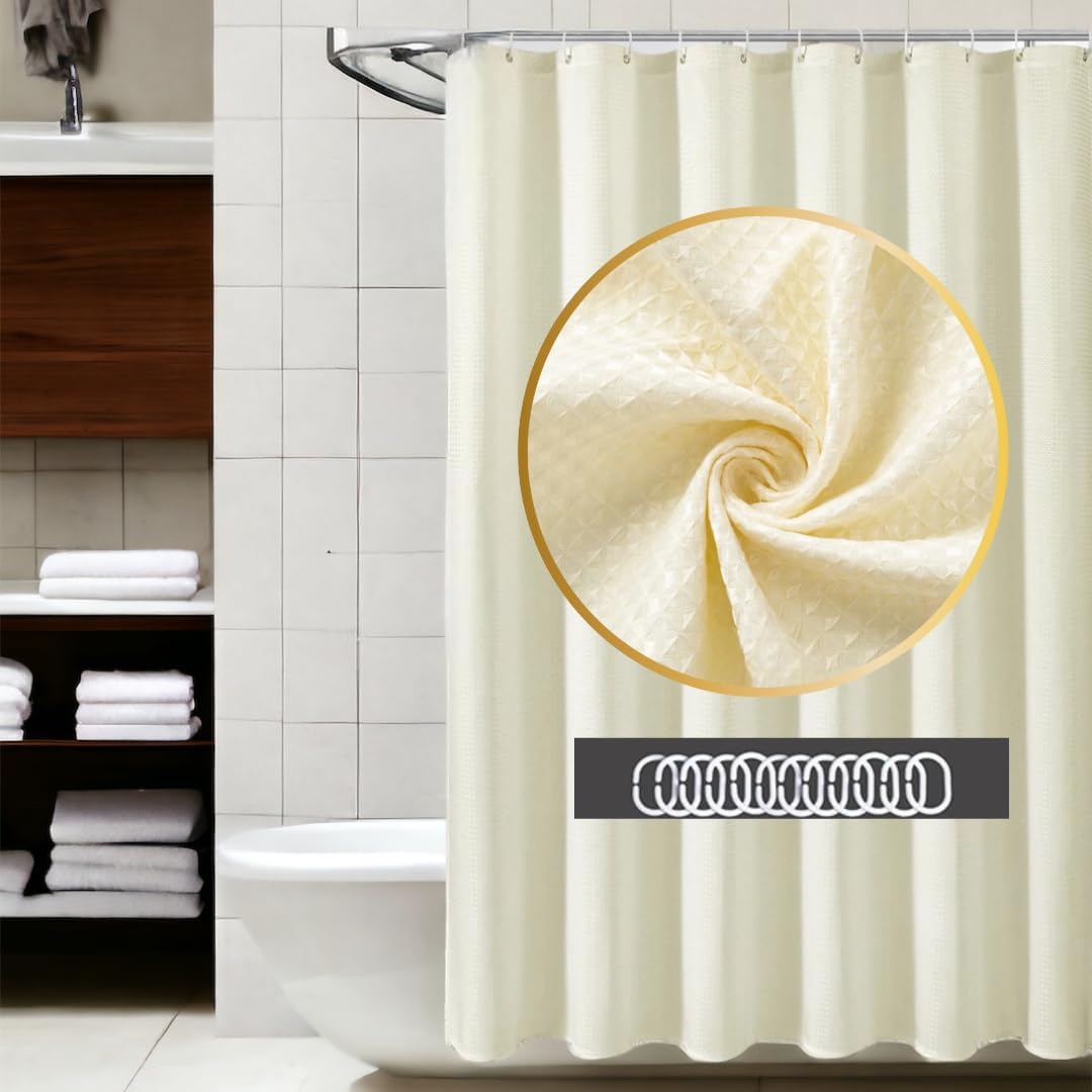 Fabric Shower Curtains - Waffle Shower Curtain - Hotel Quality - Cloth Shower Curtain- with 12 Hooks 72in x 72in