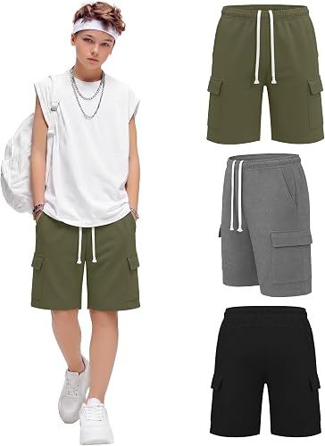 Langyiwee 3 Pack Boys Cargo Bermuda Shorts, 3-Color, 10-11 Y