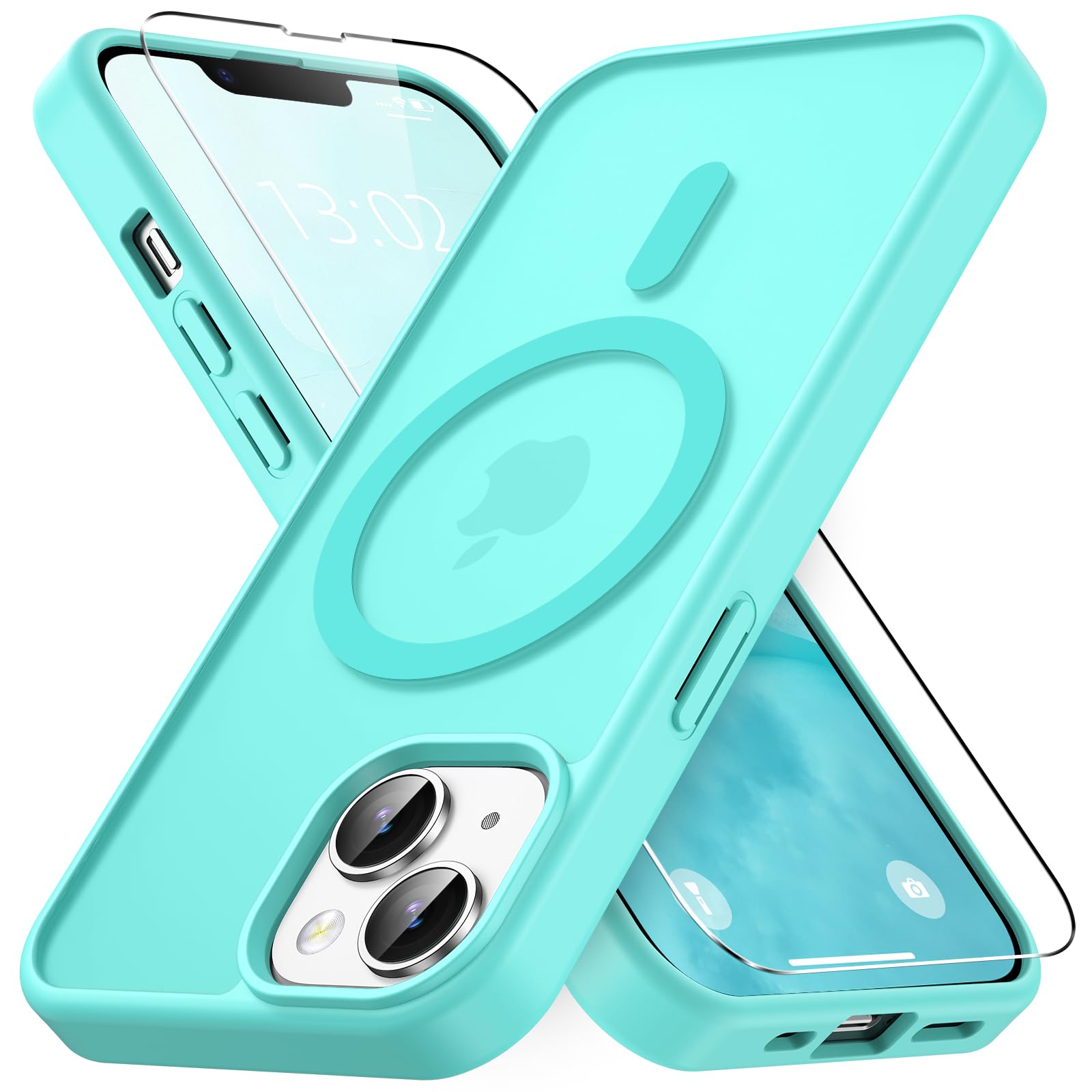 Vansdon Cover Magnetica per iPhone 13/14 con 1 Pezzi Vetro Temperato | Blu Verde, Compatibile con Magsafe, Protezione anticaduta di livello militare, Custodia Traslucida Opaca Sottile Antiurto