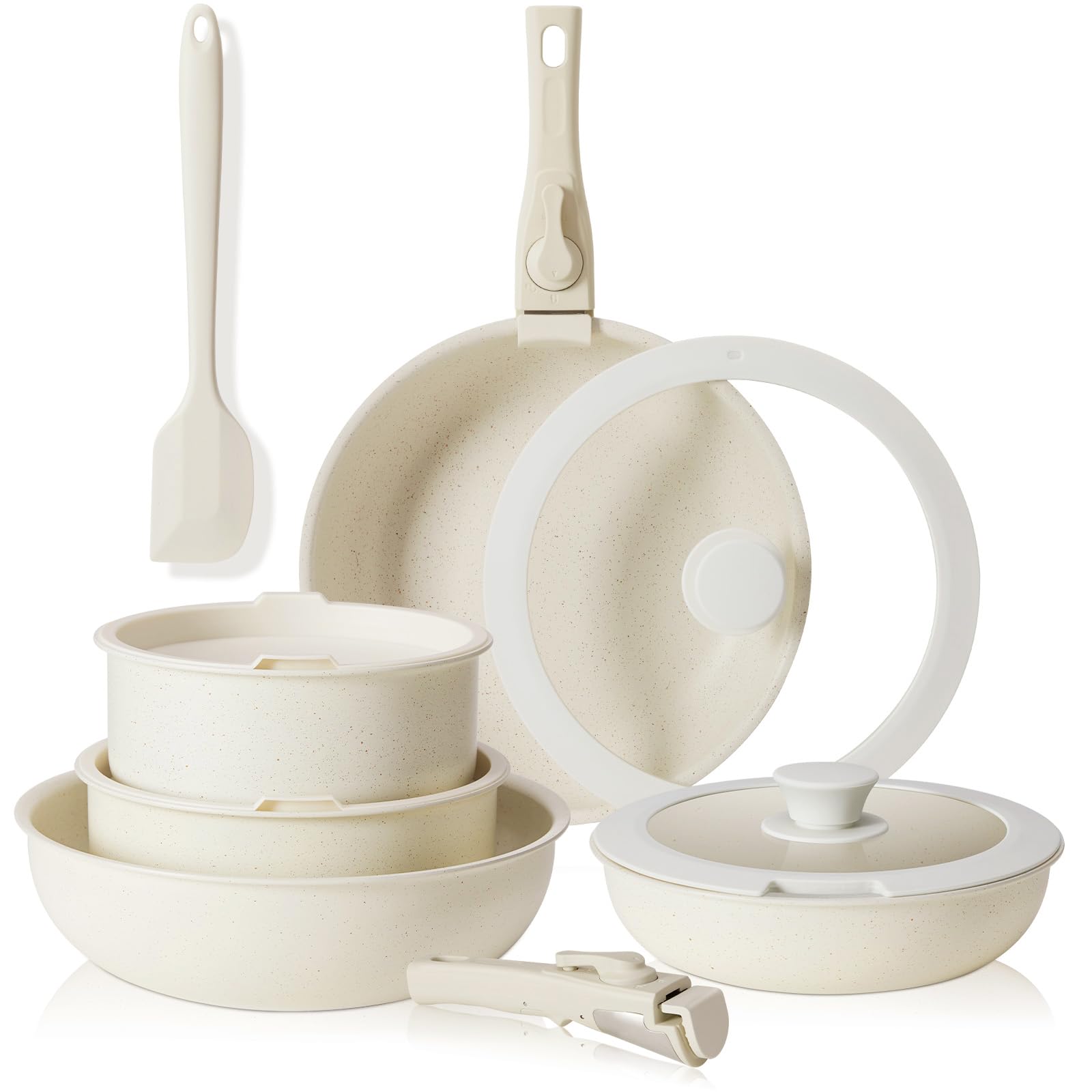 Sweetcrispy Töpfe und Pfannen Set,12-teiliges Pfannenset mit abnehmbaren Griffen Set, Pfanne 20/26 cm, Topf 18/20 cm, Bratpfanne 26 cm, Antihaftbeschichtung, Kochtopf stapelbar Induktion, Backofenfest