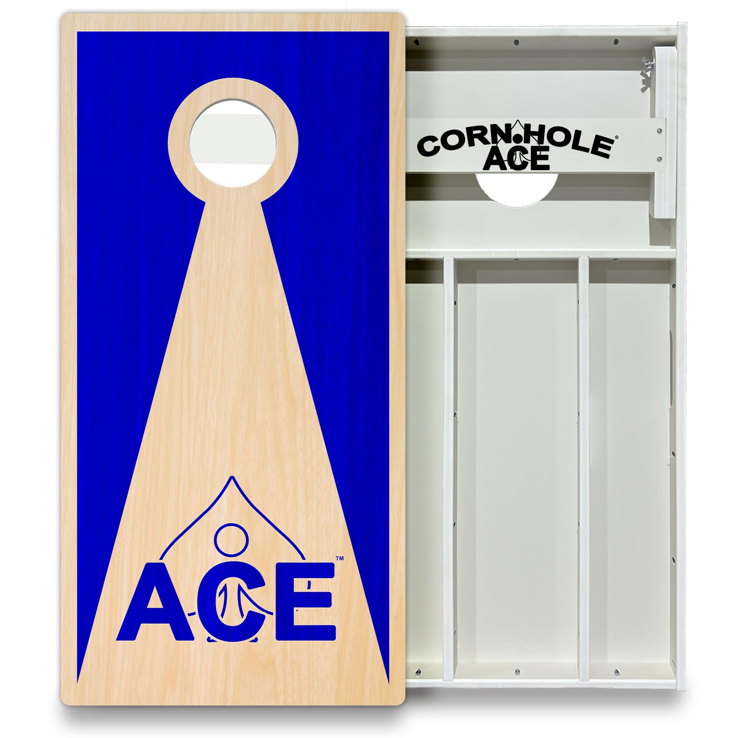 CornholeAce Navy Blue Inverse Triangle All Weather Pro Cornhole Board Set - Waterproof 4x2 Regulation Size, Made in USA, Triple Wide Legs, 3/4