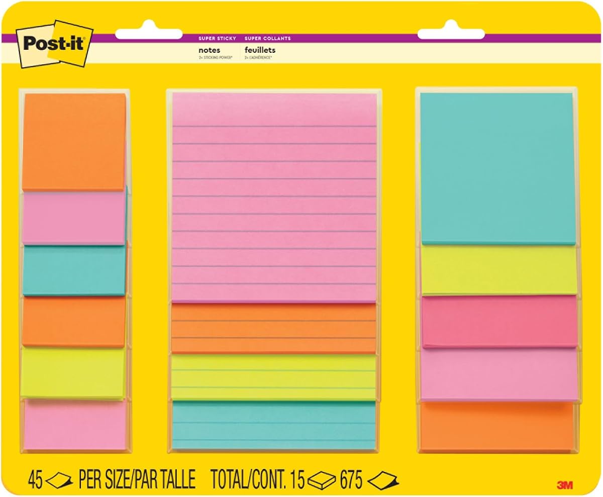 Super Sticky Notes, Multi-Size, Supernova Neons, 15 Lined Pads | School Supplies and Office Supplies, 2X the Sticking Power