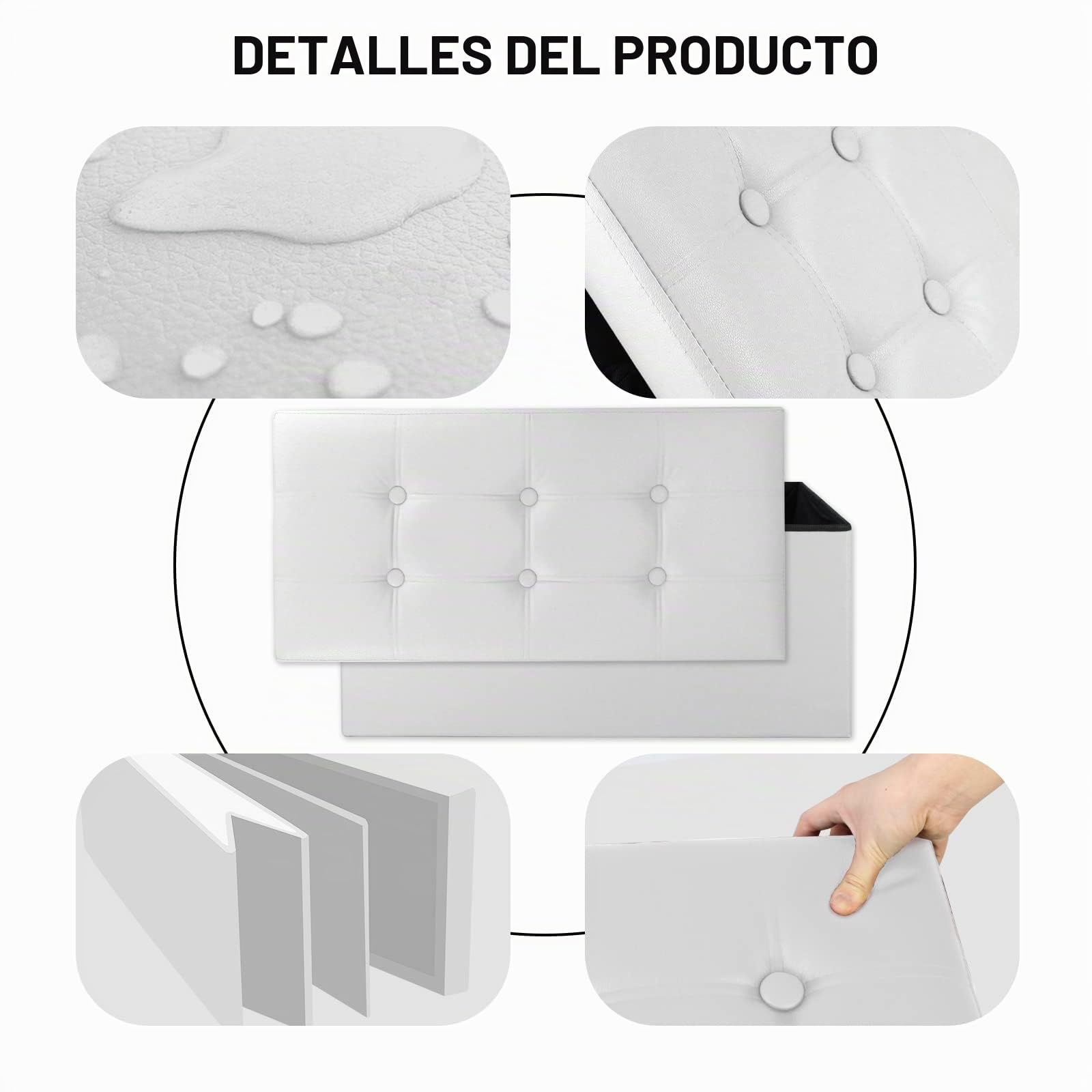 Todeco Taburete para Almacenaje Plegable Baúl Puff, Talle Grande Capacidad Banco Almacenaje Baul Almacenaje Otomano-Carga máxima: 150 kg-Material: Imitación de Cuero, 76 x 38 x 38 cm, Blanco