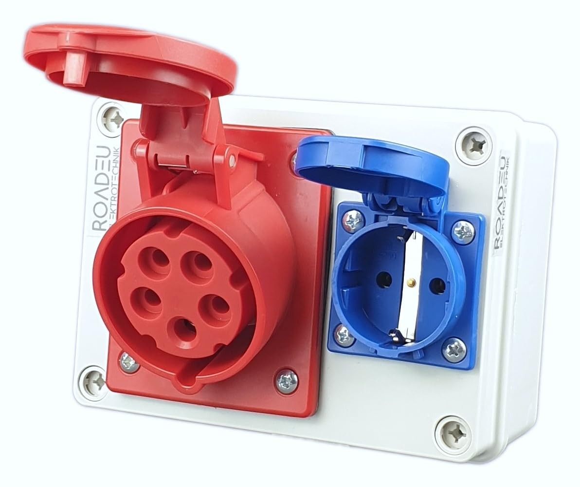 RoadEu - Distribuidor de pared 16A 5P - Enchufe CEE con Schuko 230V - Toma de pared combinada, IP44, totalmente cableado. Ideal para Taller, Cobertizo y Fábricas