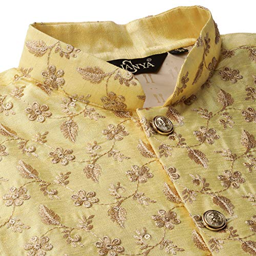 Image of SOJANYA (Since 1958 Men's Cotton Linen Maroon Kurta and White Pyjama with Mustard Cotton Nehru Jacket