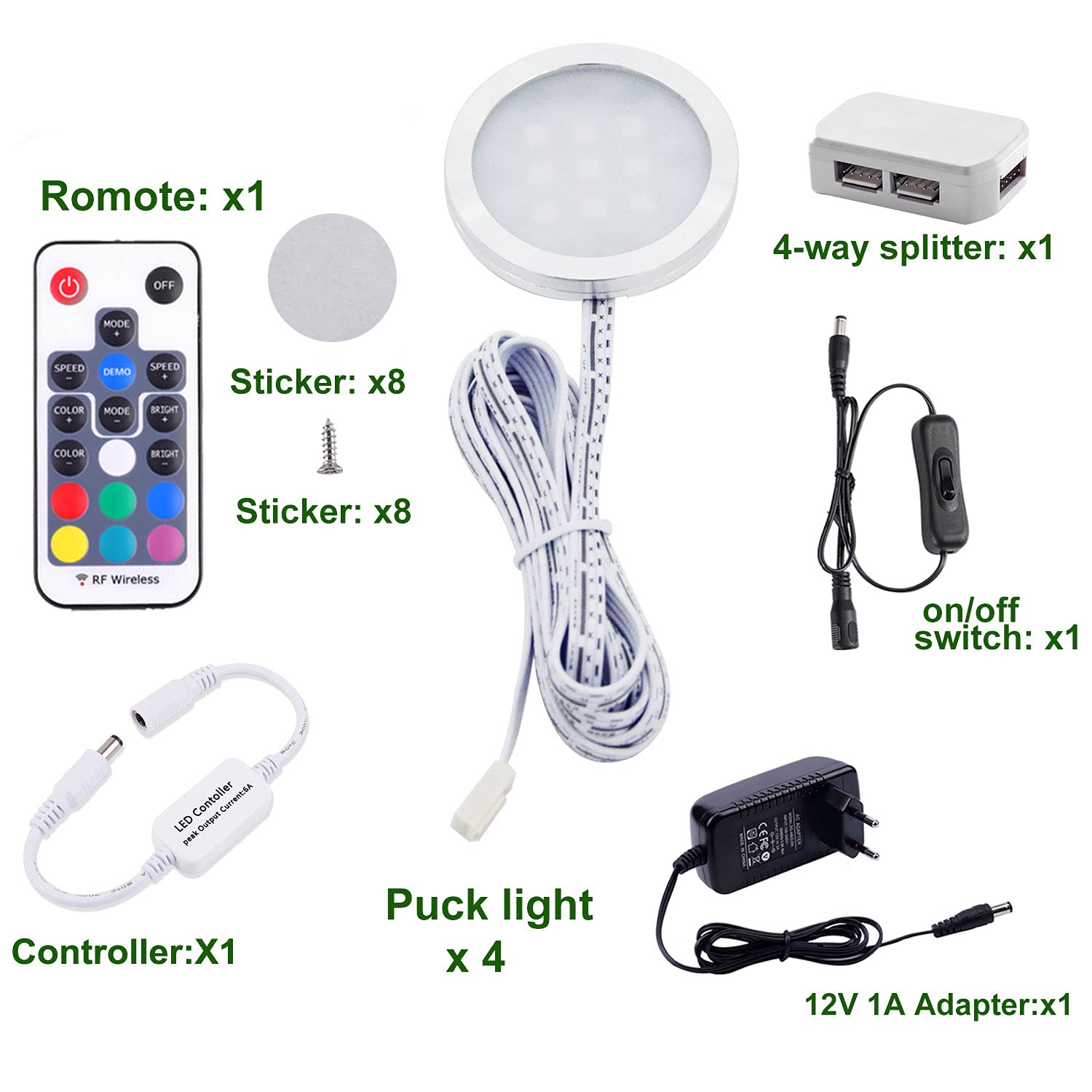 AIBOO RGB LED Schrankbeleuchtung 4er Set, 12V LED Unterbauleuchte Farbwechsel mit Fernbedienung, Dimmbar RGB Vitrinenbeleuchtung LED für die Beleuchtung von Küchenschränken
