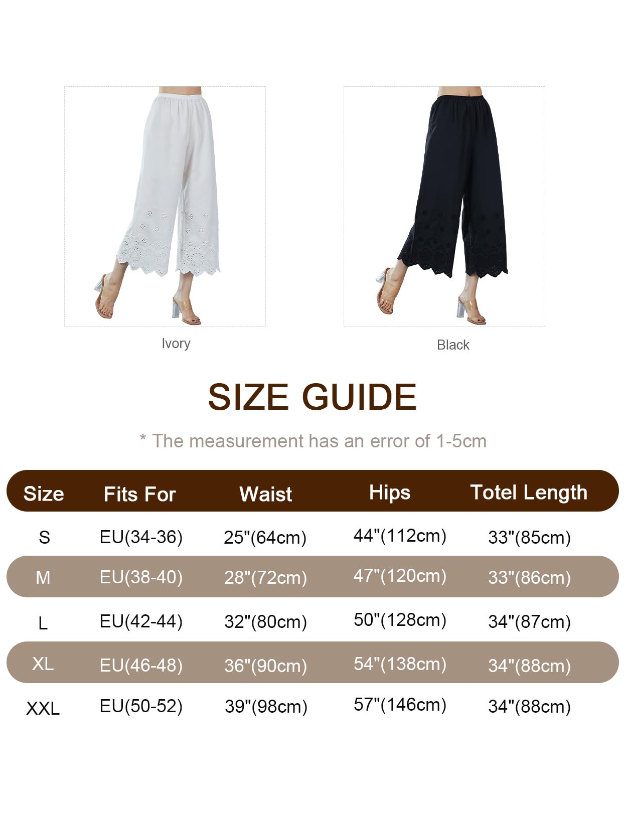 EAUTELICATE Capri Pantalon De Pyjama Femme Été Léger Jupon sous-Jupe en 100% Coton Pantacourt Ample Vintage à La Maison Culotte Bouffantes Renaissance avec Dentelle Ivoire Noir