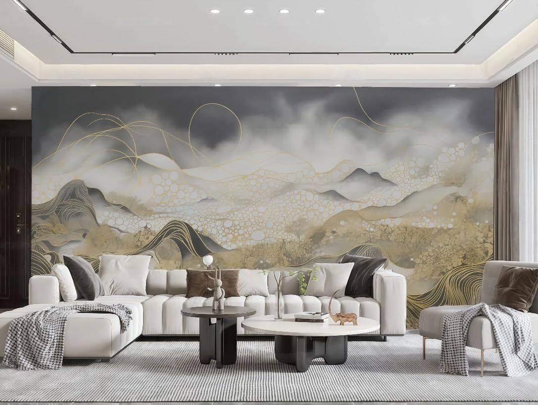 Papier peint noir et or art moderne | Fresque paysage brumeux salon haut de gamme