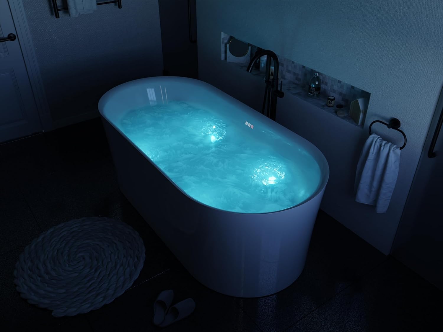 ANZZI Whirlpool Air Jetted Freestanding Bathtub Jericho 67 In White Acrylic with Fiberglass Backing 200 Aero Bubble Massage Jets Soaker Tub Light Up Touch Control Pad 4 Colored Bath Lights | FT-AZ067