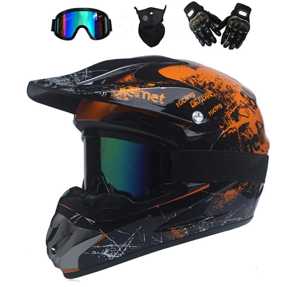 Motocross Helmet, with Goggles Mask Gloves, Youth Kid Full-Face Off Road Motorcycle Crash Helmet, MTB BMX Downhill Quad Bike Enduro Racing Dirt Bike Helmet,Orange,M(54~55cm)