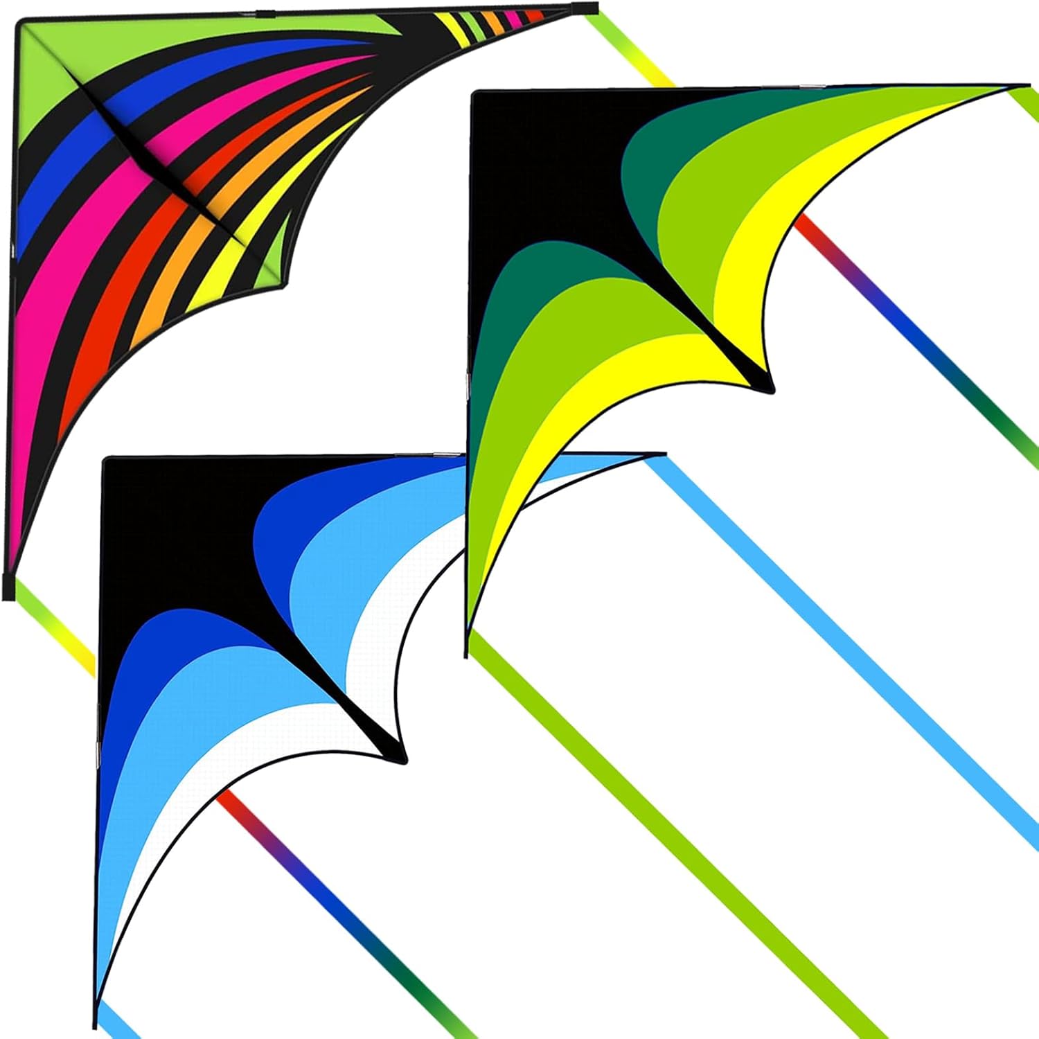 FlyingHoofer Delta Kite 3-Pack for Kids & Adults - Easy Fly Nylon Kites with 300ft String, Beach Park Fun