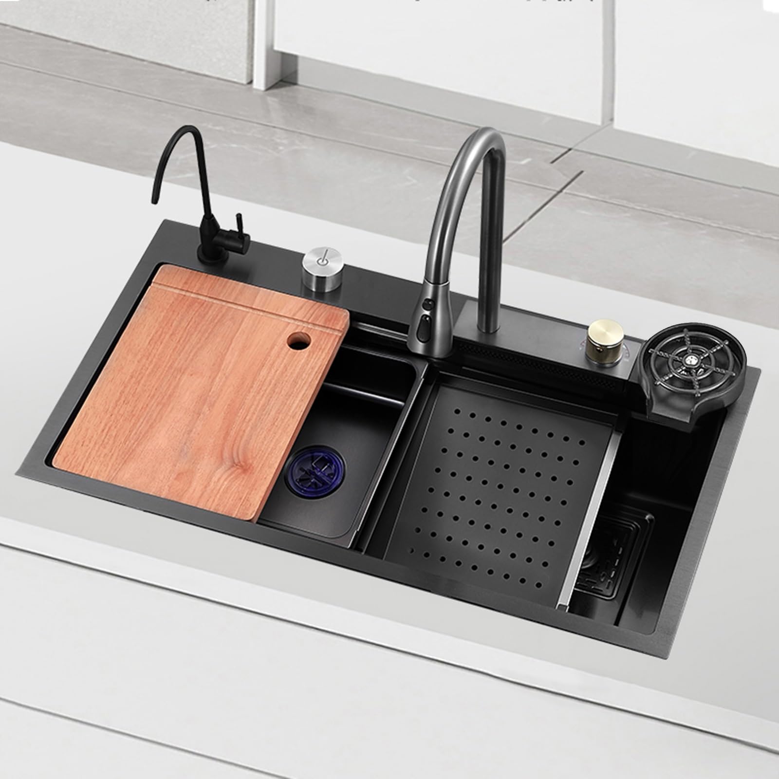 Lavello da Cucina,lavelli a Cascata Nano in Acciaio Inox 304,lavello Vasca Singola,lavello postazione di Lavoro con Rubinetto Estraibile,scolapiatti Controllo del bancone/lavabicch