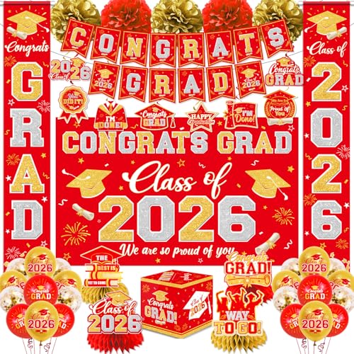 Image of Graduation Decorations Class of 2026 Red and Gold Graduation Decorations with Congrats Grad Banner,Backdrop,Porch Sign,Balloons,Hanging Swirls,Honeycomb Centerpieces,Box for Graduation Party Supplies