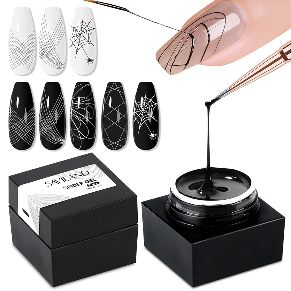 SAVIALND Classic Black & White Spider Gel For Nail Art,Soak Nail Art DIY Gel Paint Design Point To Line Drawing And 3D Emboss Perfect for Halloween Gifts