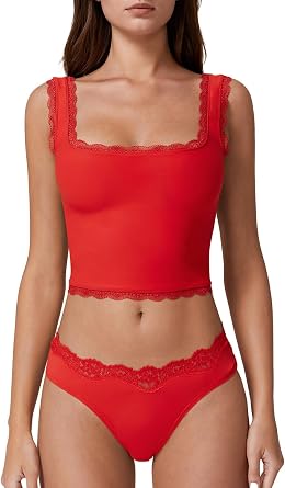 QINSEN Womens Square Neck Lace Trim Tank Tops Double Lined Slim Fit Summer Going Out Y2k T Shirts