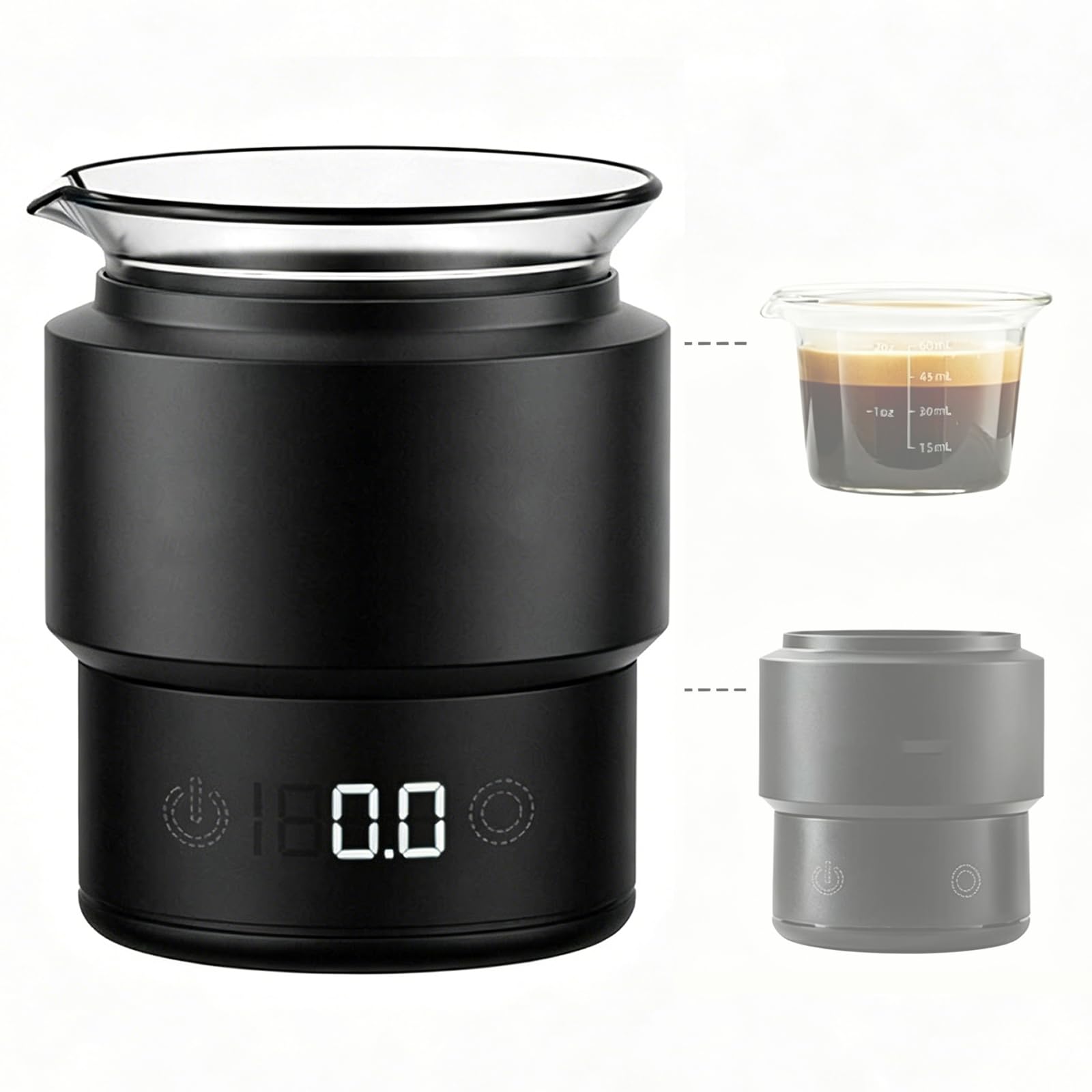 Minibalanza para Café Espresso, Dosificador Digital De Granos De Café, Vaso Graduado De 60 Ml, Precisión De 0.1 G, Pantalla Led, Recargable, Compatible con Portafiltro De 58 Mm