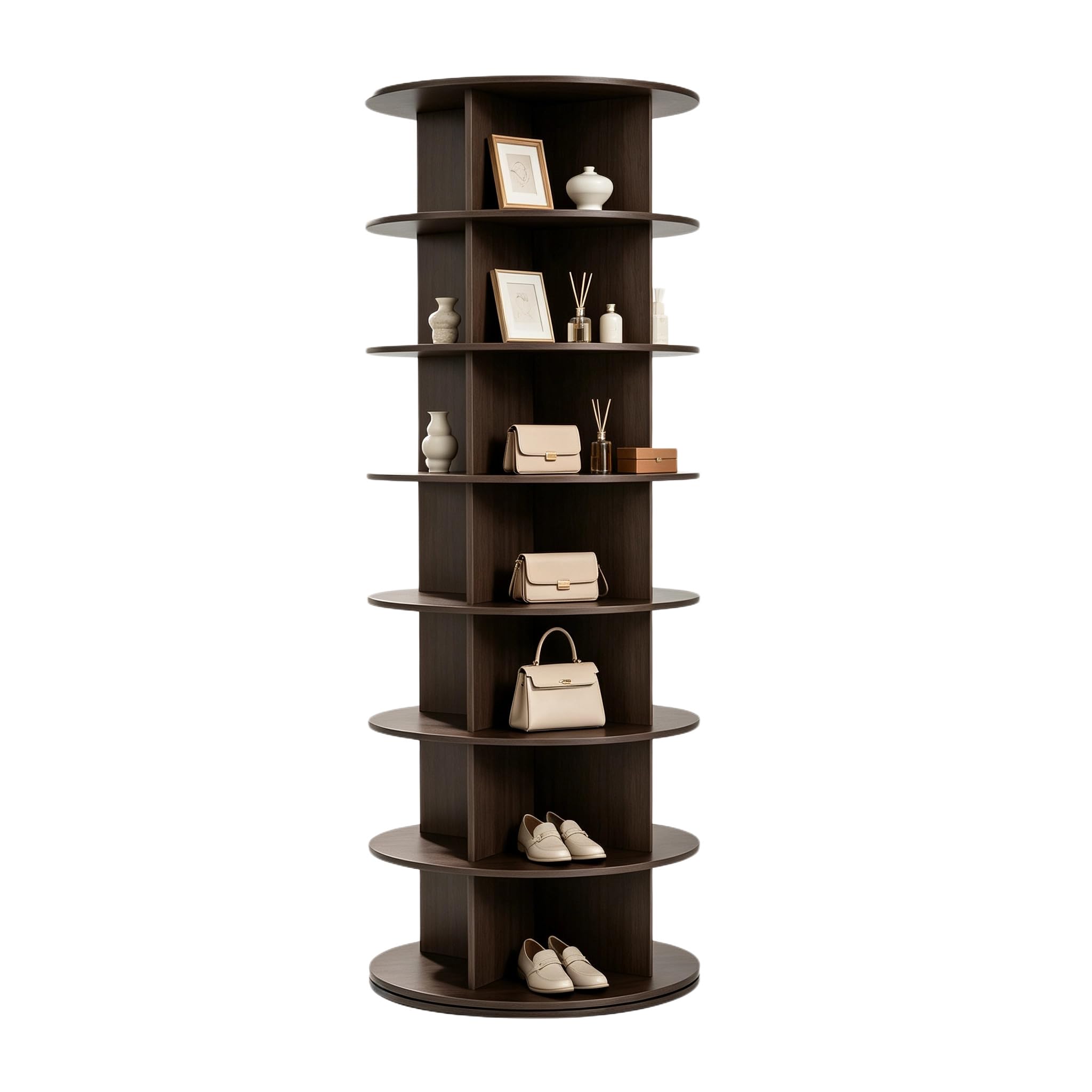 Felenny Rotating Shoe Rack 7 Tier White Spinning Shoe Tower (Walnut)