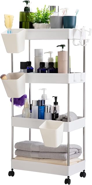DOEWORKS 4-Tier Storage Cart with Wheels Rolling Utility Cart with Hanging Cups Multi-Purpose Storage Shelf Rack for Kitchen Bathroom Bedroom Office, White