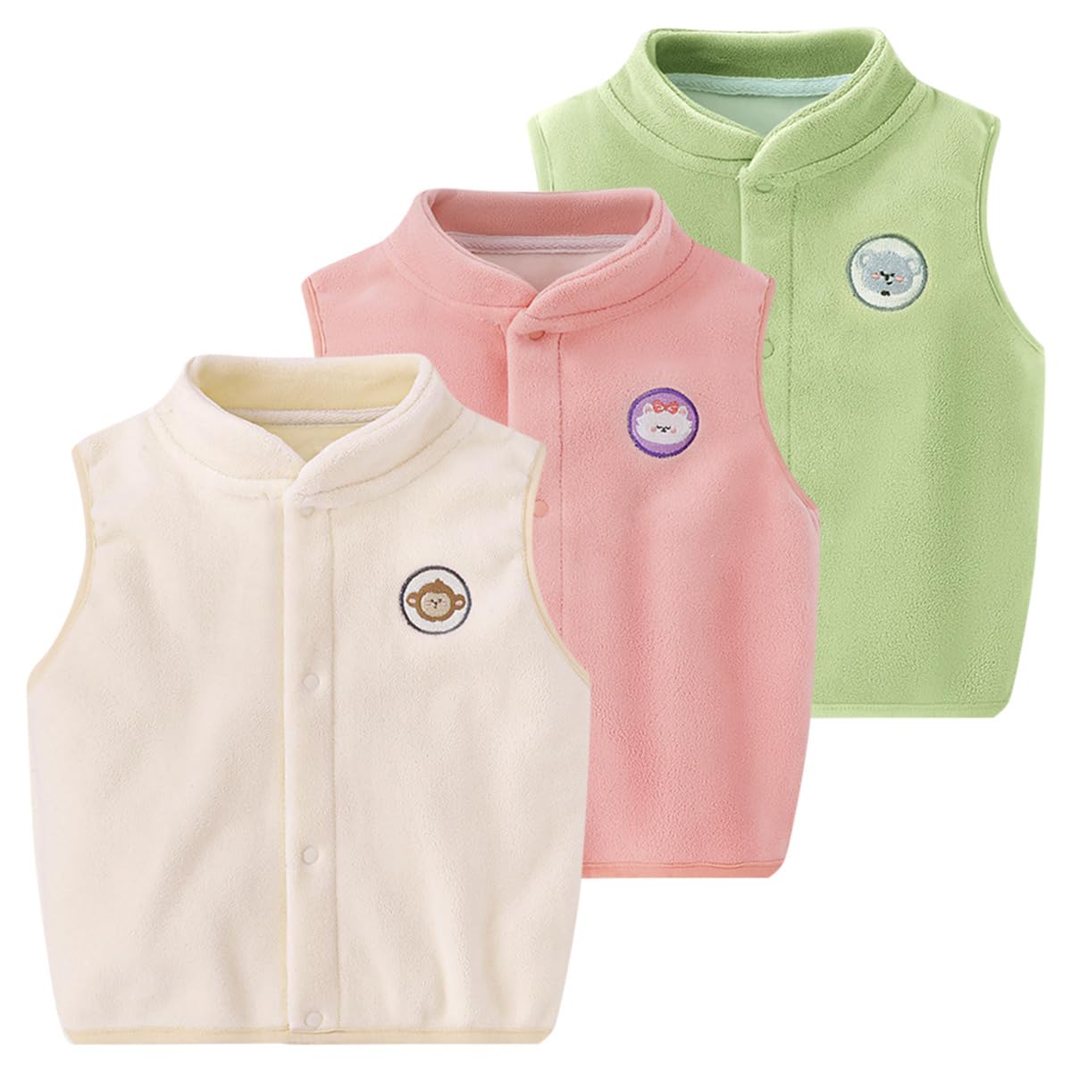 3 Pezzi Gilet Bambino in Pile Vello Polare, Capispalla Collo Alto Senza Maniche Bottoni a Pressione Autunno Inverno Caloroso con Motivo 6 Mesi-5 Anni