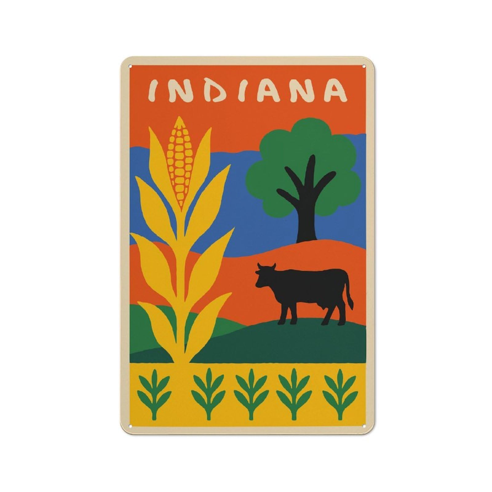 Junmoney Style-11 Shed Style Indiana Landscape Illustration With Corn And Cow Tin Sign 30X20cm, Utility Space Decor For Greenhouse, Garden Room, Cafe Or Entryway
